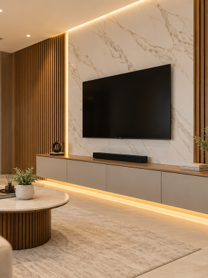 Warm Marble and Wood TV Wall